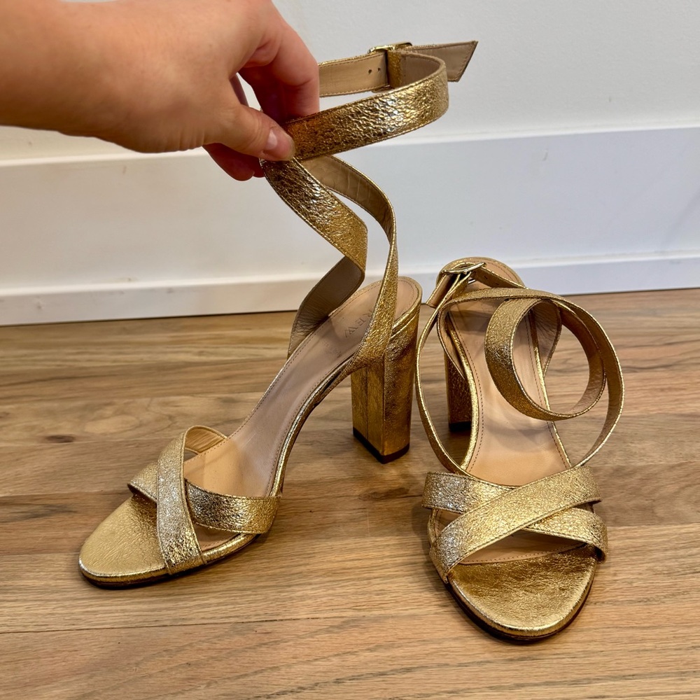 J. Crew Gold Leather Ankle Wrap Open Toe Heels Size 8